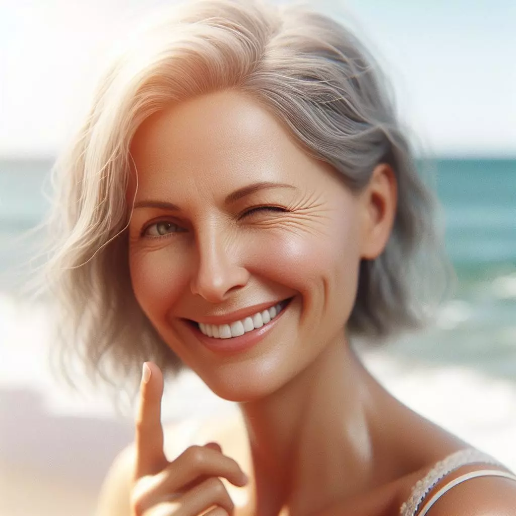 Mulher mais velha sorrindo na praia